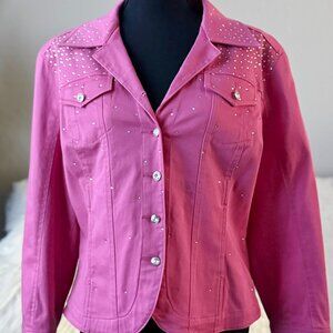 Christine Alexander Womens Pink Crystal Rhinestones Denim Stretch Jacket L